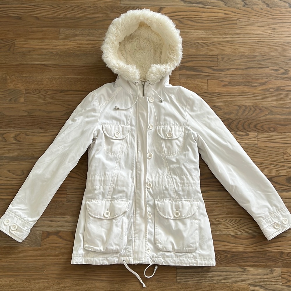 Warehouse Utility Coat sz 6-8 Women’s Faux Fur Off White Full Zip Longer Length